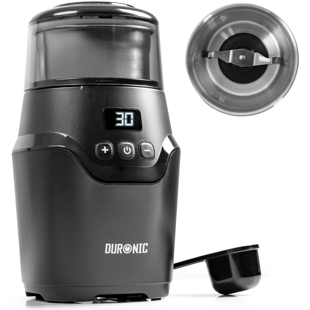 Duronic CG550 Electric Coffee & Spice Grinder, 220ml Cup, Adjustable Timer, Fast Blade Grinder Push-button control, Ideal for Coffee Beans, Dry Spices, Seeds & Nuts with Silicone-Lined Lid, 150W, Black