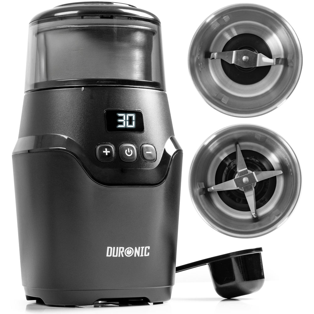 Duronic CG555 Electric Coffee Grinder, 220ml Wet & Dry Cups, Black, Spice Mill & Blade Grinder, Dual/Quad-Blade Cups, Adjustable Timer, Push-Button Controls, Leak-Proof Lid, 150W