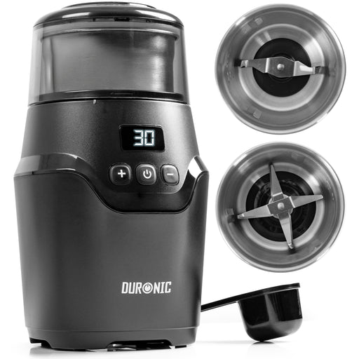 Duronic CG555 Electric Coffee Grinder, 220ml Wet & Dry Cups, Black, Spice Mill & Blade Grinder, Dual/Quad-Blade Cups, Adjustable Timer, Push-Button Controls, Leak-Proof Lid, 150W