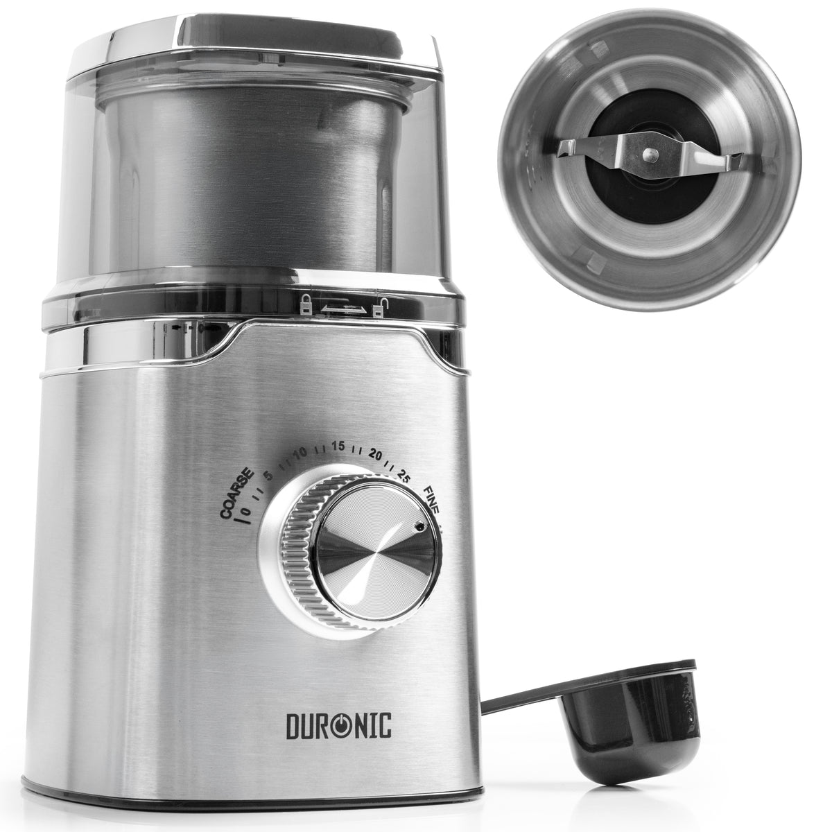 Duronic CG650 Electric Coffee Grinder, 220ml Spice Grinding Cup, Silver, Compact Coffee Grinder & Spice Mill, Adjustable Coarseness Knob, Push-to-Grind Pulse, Silicone Seal Lid, 150W