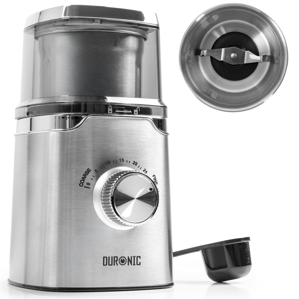 Duronic CG650 Electric Coffee Grinder, 220ml Spice Grinding Cup, Silver, Compact Coffee Grinder & Spice Mill, Adjustable Coarseness Knob, Push-to-Grind Pulse, Silicone Seal Lid, 150W