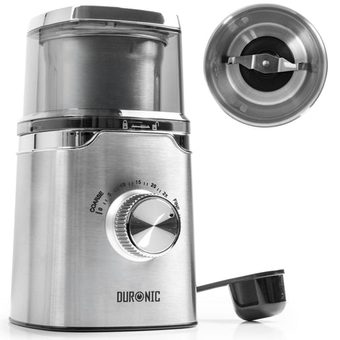 Duronic CG650 Electric Coffee Grinder, 220ml Spice Grinding Cup, Silver, Compact Coffee Grinder & Spice Mill, Adjustable Coarseness Knob, Push-to-Grind Pulse, Silicone Seal Lid, 150W