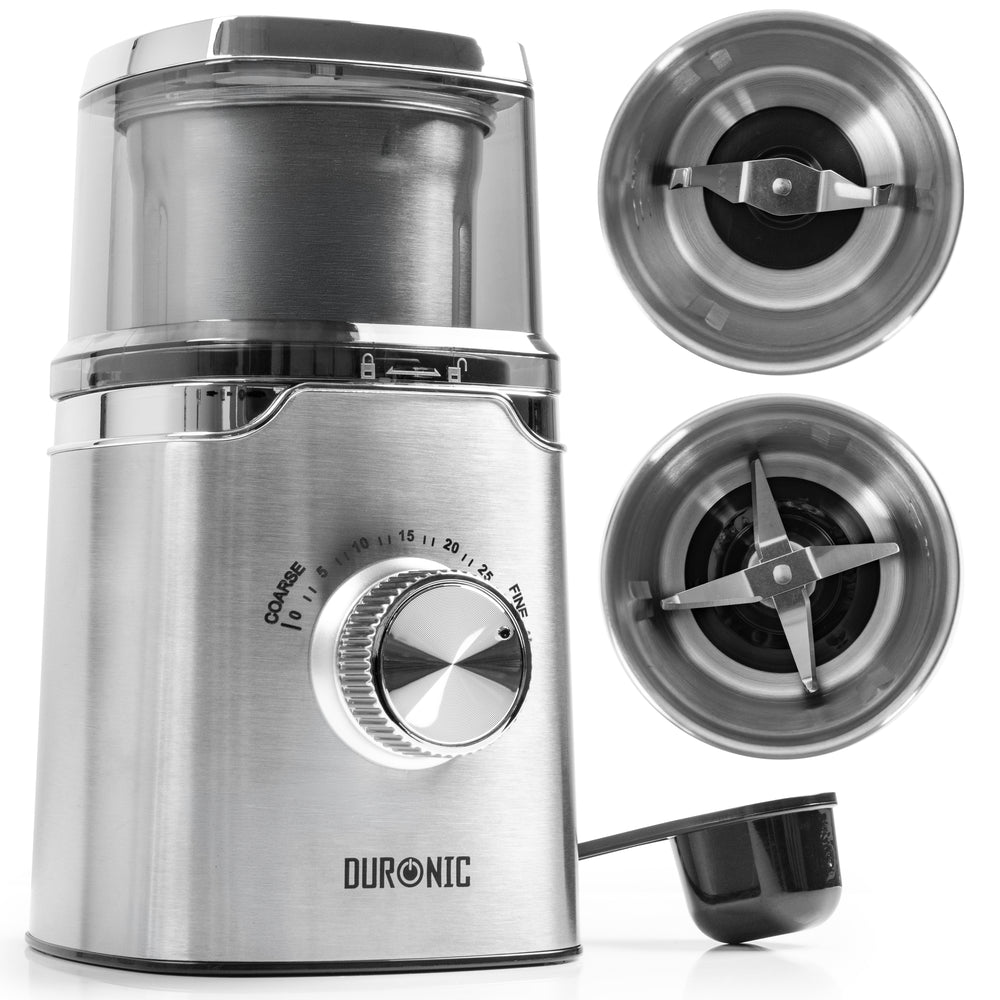 Duronic CG655 Electric Coffee Grinder with Wet & Dry Cups, 220ml, Silver, Metal Spice Mill, Adjustable Coarseness, Push Pulse, Silicone Seal, for Coffee Beans, Spices, Nuts, flaxseeds, 150W