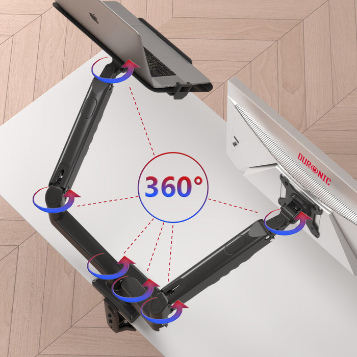 Duronic DM6AL1 Dual Monitor Stand with Laptop Arm, Ergonomic Gas Powered 32” Monitor Arms and 17” Laptop Stand Adjustable PC Desk Mount with VESA 75/100 Compatibility Computer Arm for Home Office Work