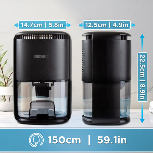 Duronic DH07 BK Mini Dehumidifier, 22.5W Compact Dehumidifier, Automatic Moisture Remover with 1L Tank Capacity, Quiet Home Dehumidifiers for Dust Allergies Asthma & Damp, Bedroom and Bathroom Black