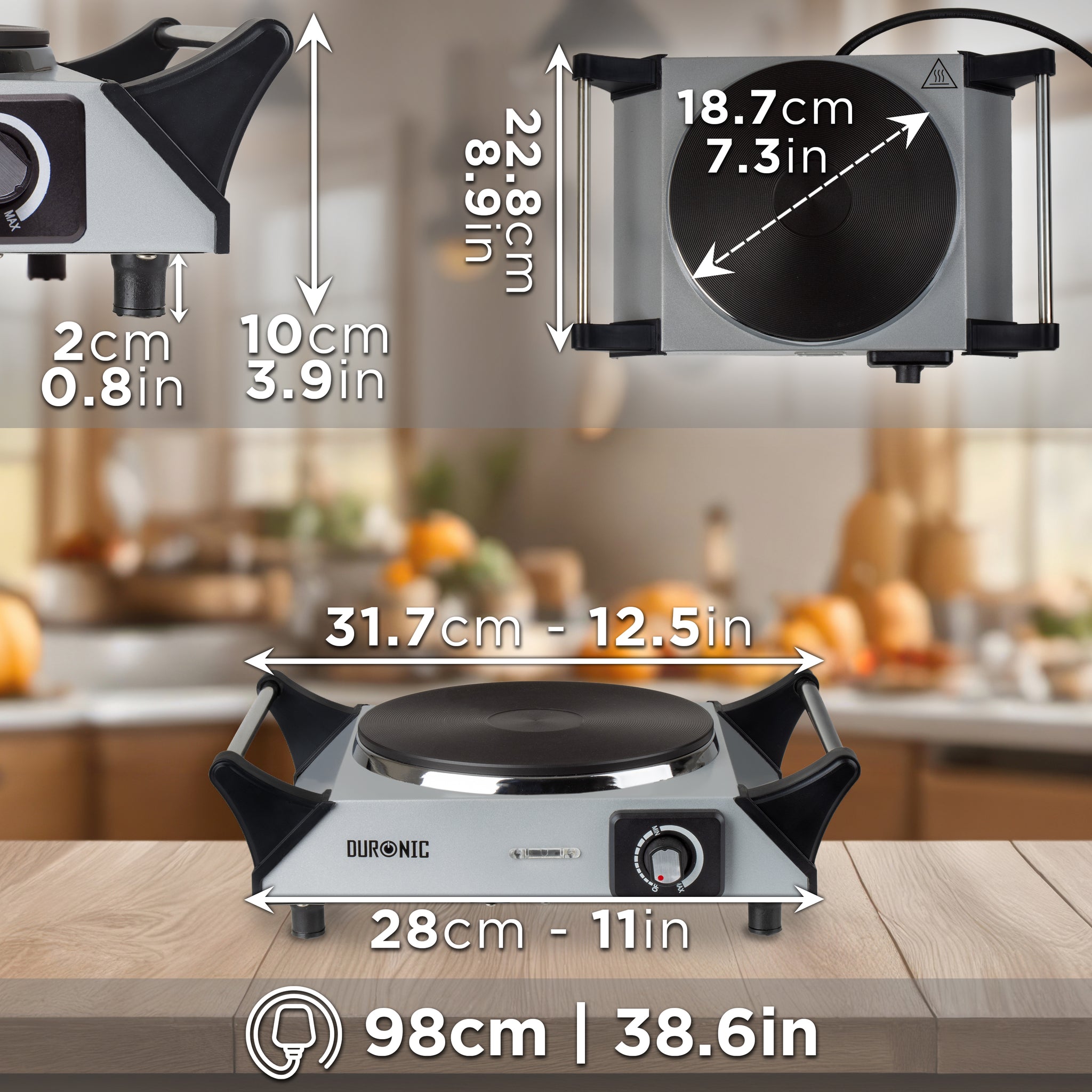 Duronic Electric Hot Plate HP1 SR, 1500W Single Burner Hob, Portable Table Top Cooker with Cast Iron Ring & Cool-Touch Handles for Camping, Caravans, Home, Small Kitchens, Silver