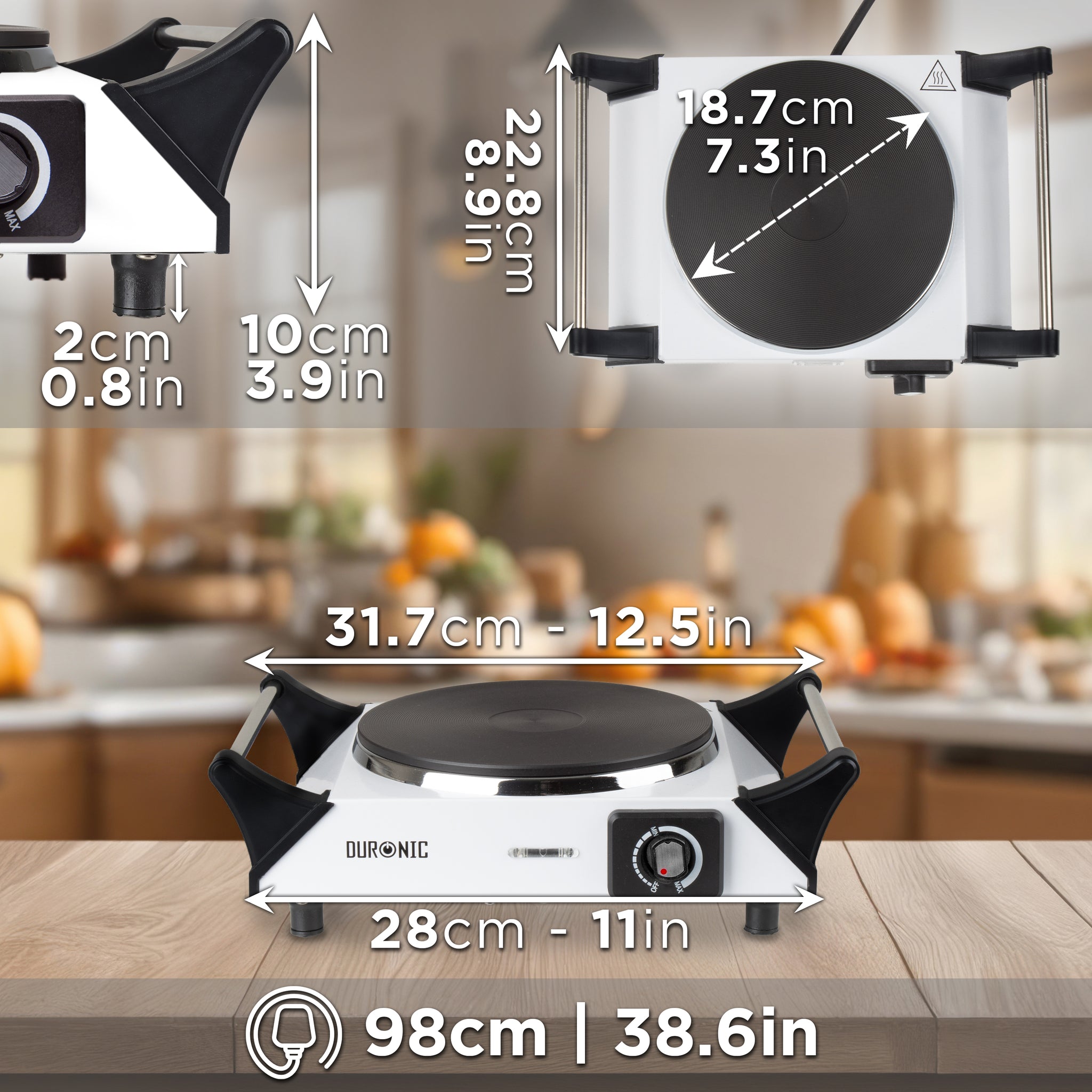 Duronic Electric Hot Plate HP1 WE, 1500W Single Burner Hob, Portable Table Top Cooker with Cast Iron Ring & Cool-Touch Handles for Camping, Caravans, Home, Small Kitchens, White