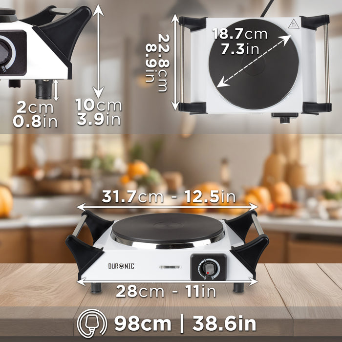 Duronic Electric Hot Plate HP1 WE, 1500W Single Burner Hob, Portable Table Top Cooker with Cast Iron Ring & Cool-Touch Handles for Camping, Caravans, Home, Small Kitchens, White