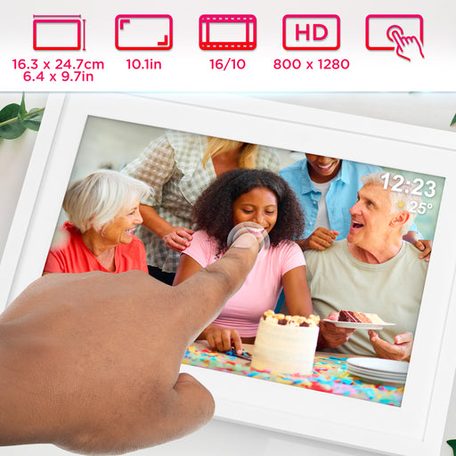 Duronic Digital Photo Frame PF2A WE Frameo 10.1” Electronic Photo Album 800x1200 WiFi Photoframe with Phone App Touchscreen Video Player White Picture Frame for Birthday Engagement Gifts Family