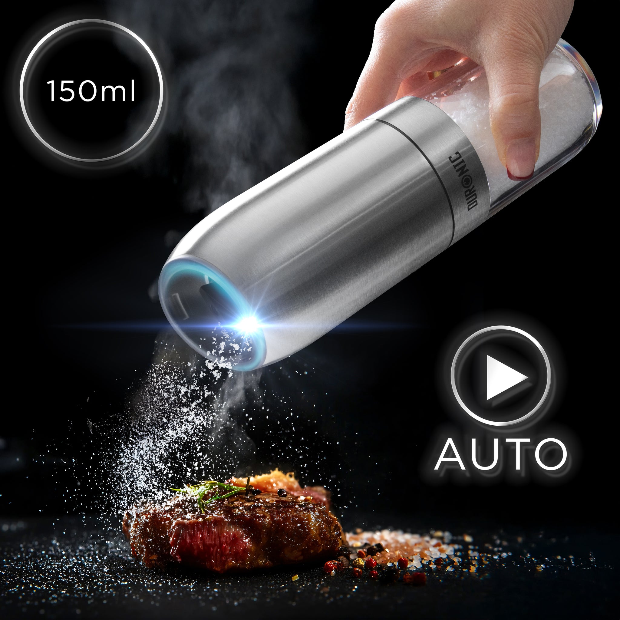 Duronic EMB1 Electric Salt and Pepper Grinder 25W Automatic Gravity Salt Shaker Battery Powered Pepper Mills, One Handed Spice Grinder Combined Mill with LED Light, Adjustable Coarseness