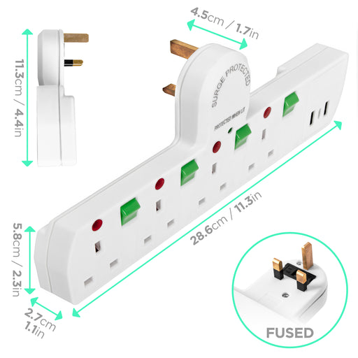 Duronic Plug Adapter with USB S125W 4 Way Multi Plug Adapter for UK Plugs Surge Protected 3kW Power Extension Adaptor with 2.4A USB Ports & 1 USB-c Port White Multi Socket with Switches