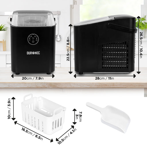 Duronic Countertop Ice Maker Machine ICM12 BK, 8 Cubes in 6 Minutes, Up To 12kg Ice Cubes Daily, 120W Self Cleaning Ice Machine With 1L Tank, Ice Scoop and Basket for Home,Office, Bar