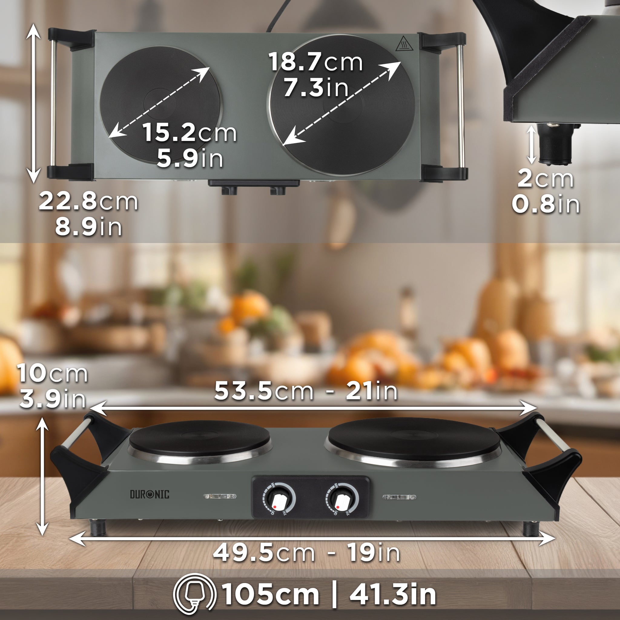 Duronic Electric Hot Plate HP2 GG, 2500W Double Burner Hob, Portable Table Top Cooker with Cast Iron Ring & Cool-Touch Handles for Camping, Caravans, Home, Small Kitchens, Grey Green