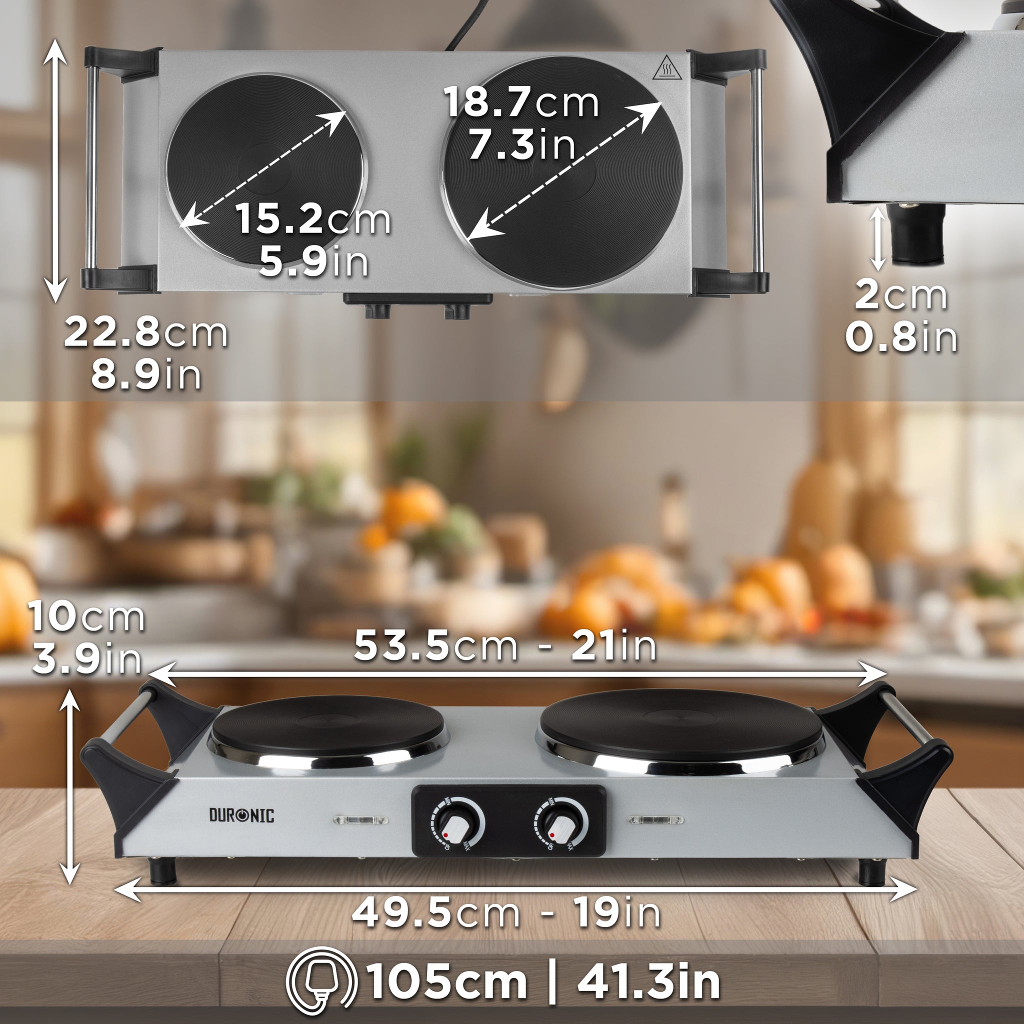Duronic Electric Hot Plate HP2 SR, 2500W Double Burner Hob, Portable Table Top Cooker with Cast Iron Ring & Cool-Touch Handles for Camping, Caravans, Home, Small Kitchens, Silver