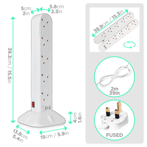 Duronic Tower Extension Lead ST10W 10 Gang Surge Protected Extension leads with USB & USB-C Slot White 10 Way Electric Power Strip with Spike Protection Multi UK Plug Outlet Socket with 2m Cable