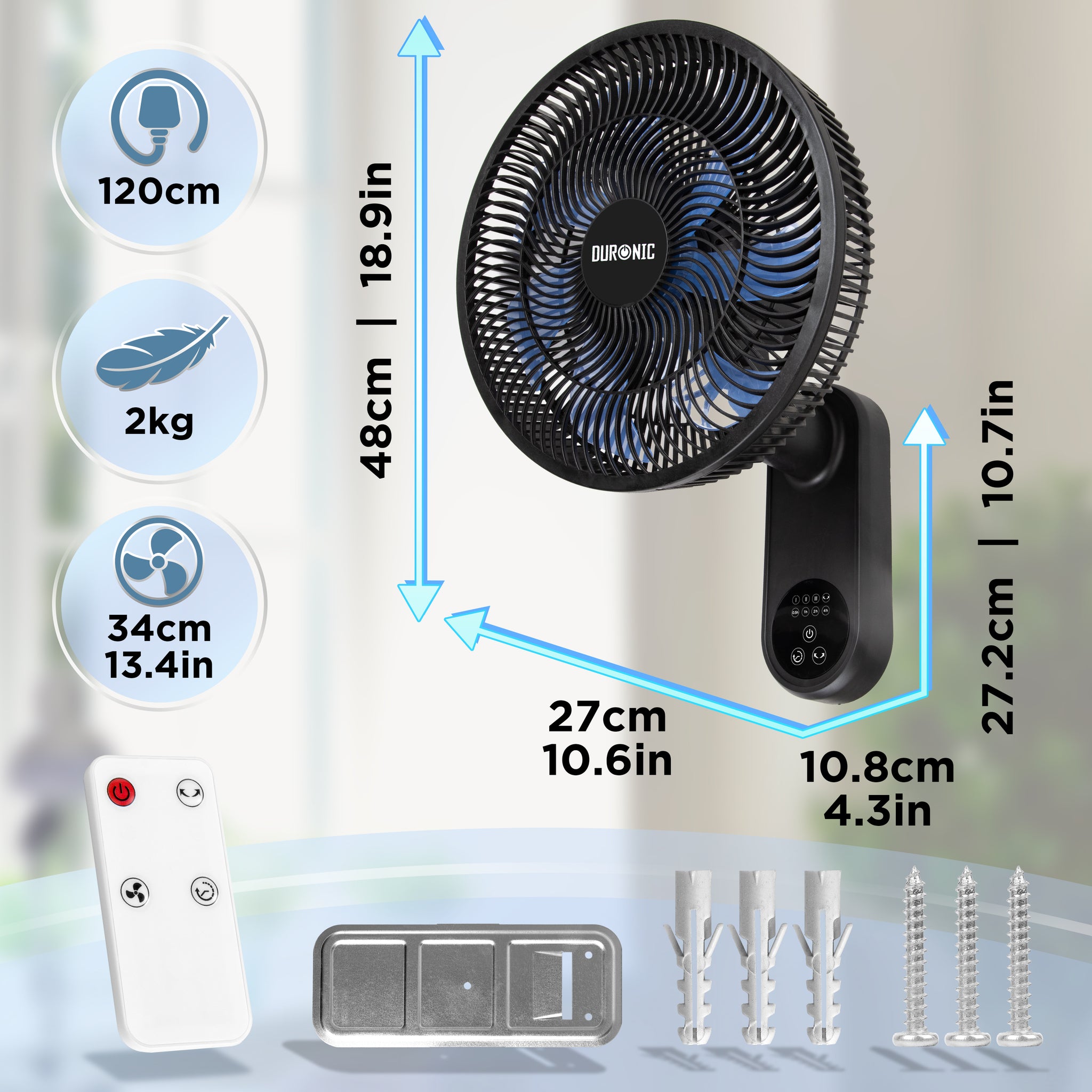 Duronic FN12 BK Wall Mounted Fan with Remote Control 50.4dB Quiet 12” Cooling Fan with 3 Speed Settings, 60° Oscillation, 7.5H Timer for Home, Office, Bedroom & Kitchen Black