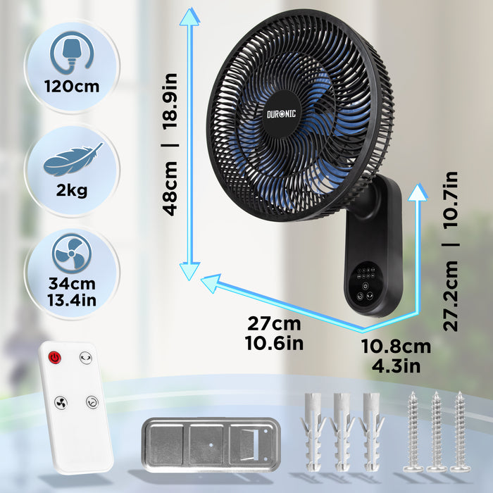 Duronic FN12 BK Wall Mounted Fan with Remote Control 50.4dB Quiet Cooling Fan with 3 Speed Settings, 60° Oscillation, 7.5H Timer for Home, Office, Bedroom & Kitchen Black