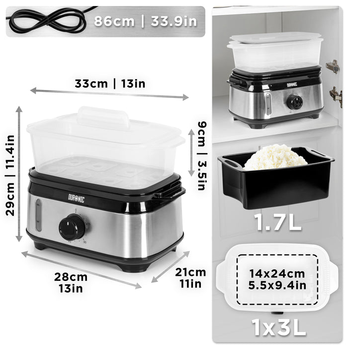 Duronic FS91 BK Black Electric Food Steamer, 3L Steam Cooker with Rice Bowl & 60-Min Timer, 950W BPA-Free Countertop Vegetable Steamer for Fish, Meat, Rice, Eggs, Dumplings, Momos & Baby Food