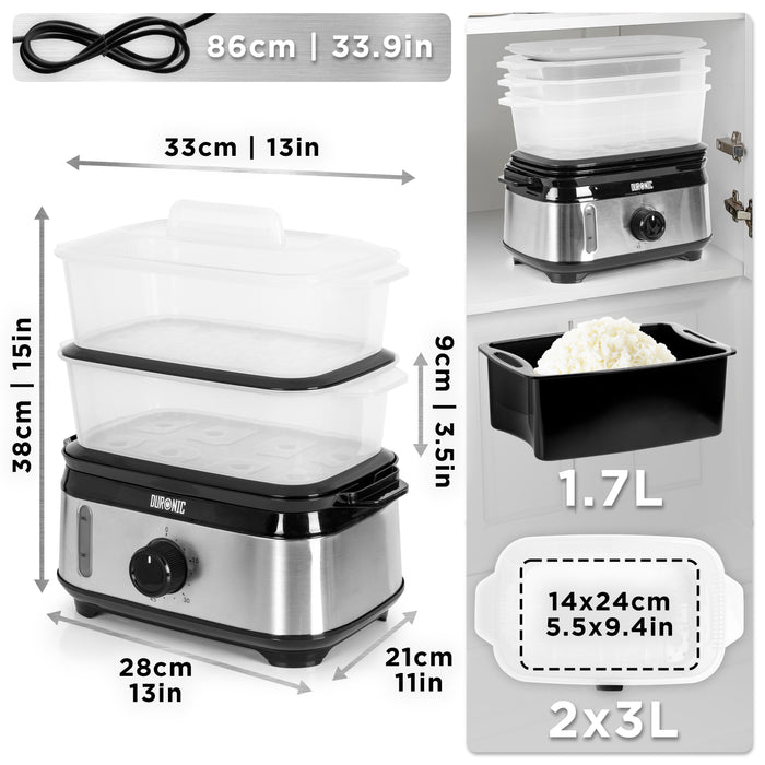 Duronic FS93 BK Black Electric Food Steamer, 2-Tier 6L Steam Cooker with Rice Bowl & 60-Min Timer, 950W BPA-Free Countertop Vegetable Steamer for Fish, Meat, Rice, Eggs, Dumplings, Momos & Baby Food