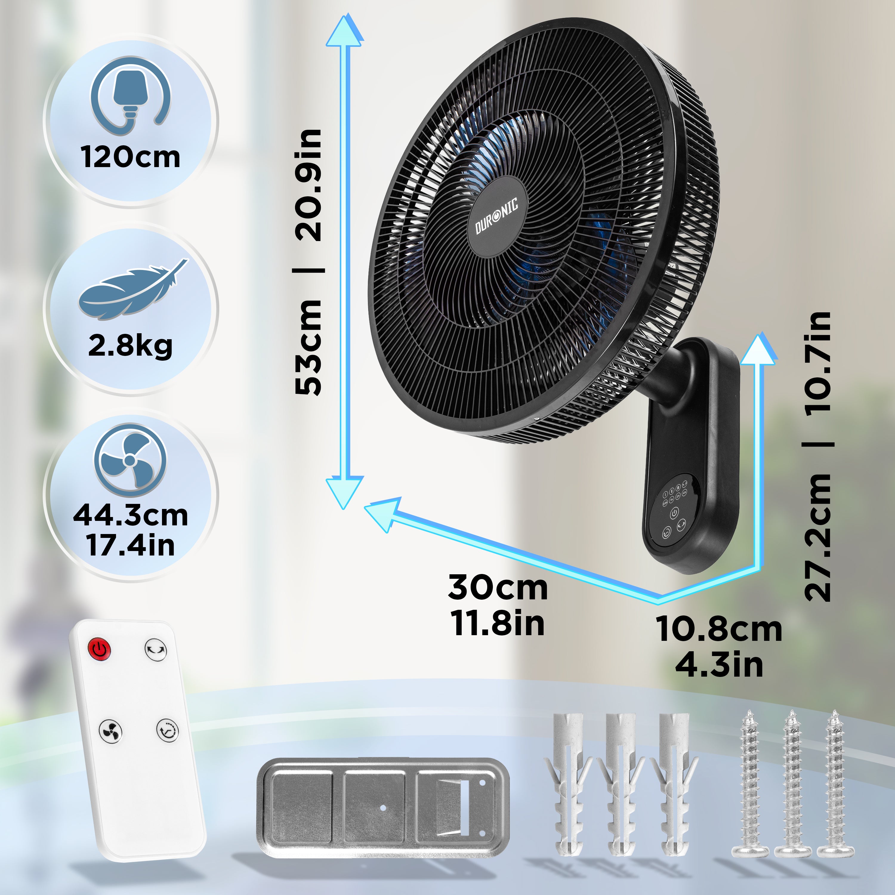 Duronic FN42 BK Wall Mounted Fan with Remote Control 52.8dB Quiet 16