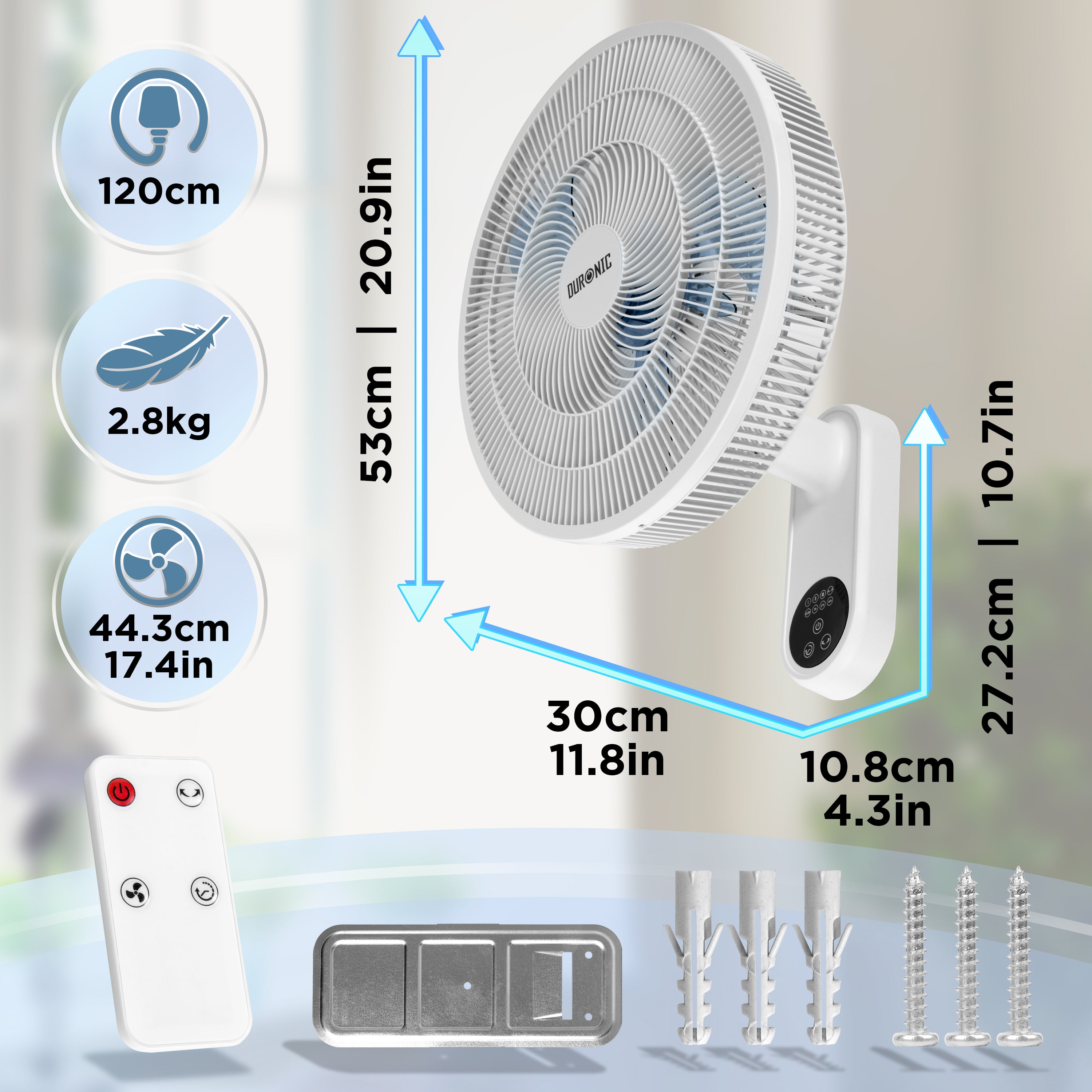 Duronic FN42 WE Wall Mounted Fan with Remote Control 52.8dB Quiet 16
