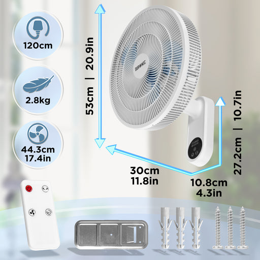 Duronic FN42 WE Wall Mounted Fan with Remote Control 52.8dB Quiet 16" Cooling Fan with 3 Speed Settings, 60° Oscillation, 7.5H Timer for Home, Office, Bedroom & Kitchen White