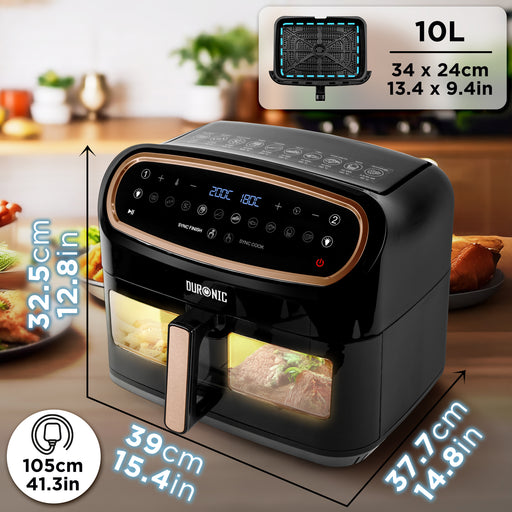 Duronic Large Air Fryer AF14 BG 10L Large Drawer with Visual Window, Dual Zone, 10-in-1 Digital AirFryer for Family, Uses No Oil, Air Fry, Roast, Bake, Dishwasher Safe Non Stick Basket, Black Gold