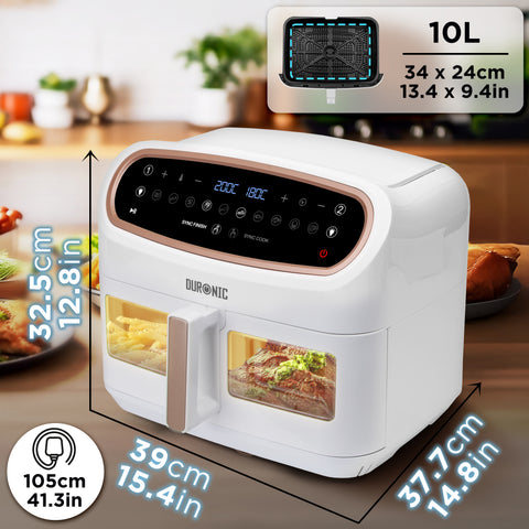 (LARGE SINGLE DRAWER MODEL) Duronic XXL Digital Air Fryer AF14 WE 10L Family Size Air Fryers 10in1 Dual Zone Extra Large AirFryer with window for Cooking with Dishwasher Safe Non-Stick Basket White