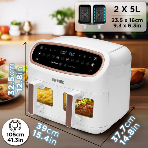 Duronic Twin Air Fryer AF24 WG Dual Zone Cooker 10L Dual Drawers 10-in-1 Double Basket AirFryer for Family, Uses No Oil, Air Fry, Roast, Bake, Dishwasher Safe Non-Stick Baskets, White Gold