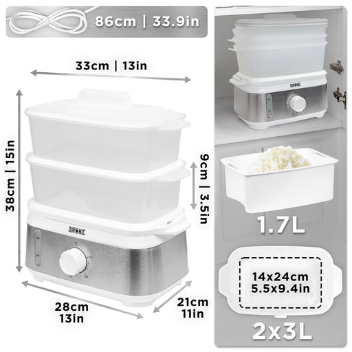Duronic FS93 WE White Electric Food Steamer, 2-Tier 6L Steam Cooker with Rice Bowl & 60-Min Timer, 950W BPA-Free Countertop Vegetable Steamer for Fish, Meat, Rice, Eggs, Dumplings, Momos & Baby Food