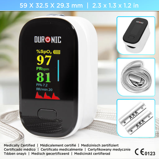 Duronic Finger Pulse Oximeter OX02 Blood Oxygen Saturation & Pulse Rate Monitor CE Certified SpO2 Fingertip Monitor for Home Use Portable Latex Free Oximeters with Digital Display & Lanyard