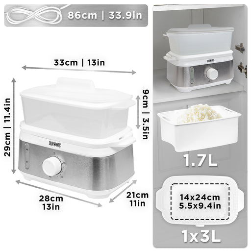 Duronic FS91 WE White Electric Food Steamer, 3L Steam Cooker with Rice Bowl & 60-Min Timer, 950W BPA-Free Countertop Vegetable Steamer for Fish, Meat, Rice, Eggs, Dumplings, Momos & Baby Food