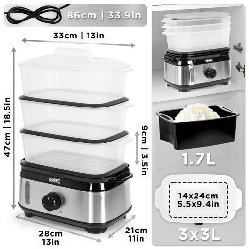 Duronic FS95 BK Black Electric Food Steamer, 3-Tier 9L Steam Cooker with Rice Bowl & 60-Min Timer, 950W BPA-Free Countertop Vegetable Steamer for Fish, Meat, Rice, Eggs, Dumplings, Momos & Baby Food