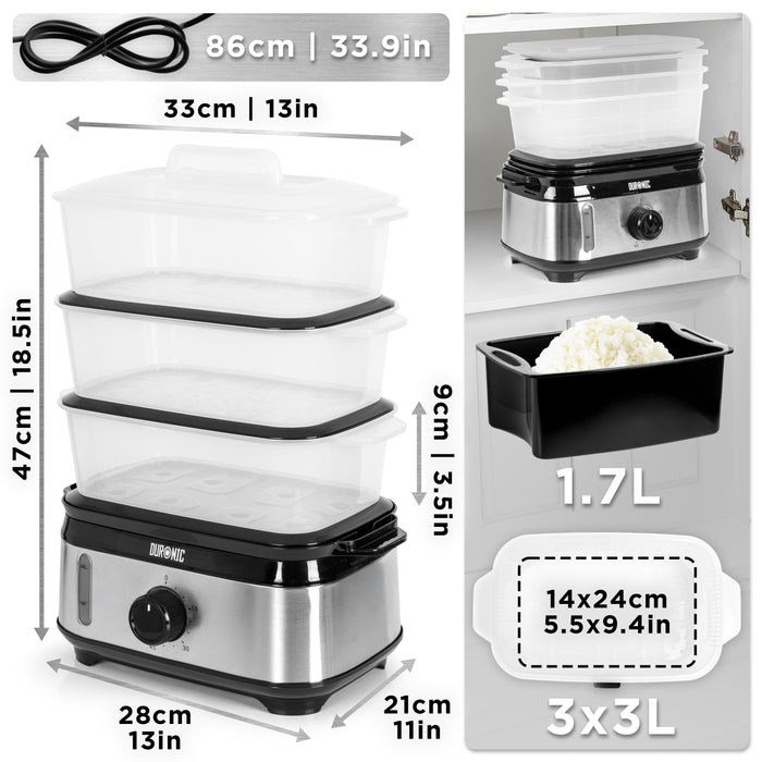Duronic FS95 BK Black Electric Food Steamer, 3-Tier 9L Steam Cooker with Rice Bowl & 60-Min Timer, 950W BPA-Free Countertop Vegetable Steamer for Fish, Meat, Rice, Eggs, Dumplings, Momos & Baby Food