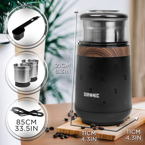 Duronic CG155 Electric Coffee Grinder, 220ml Wet & Dry Spice Mill, Brown, Fast One-Touch Grinding with Dry and Wet cups for Coffee, Spices, Nuts, Seeds, Pastes and Sauces, 150W