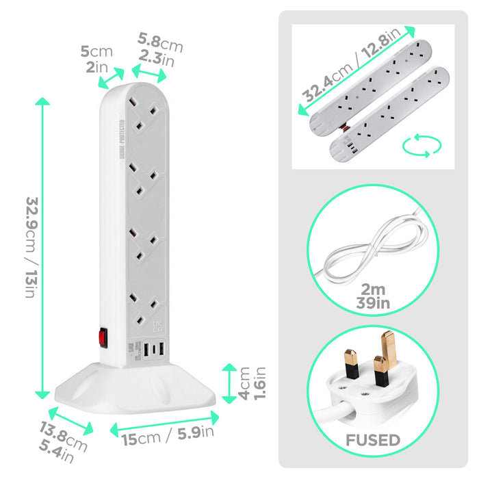 Duronic Surge Protected Extension Lead ST8W Tower Extension Leads with USB Multiplug Adapter Cord for UK Plugs 8 Way with 2x USB Slots and 1x USB-C Slot Long White Power Cords Multi Outlet Socket