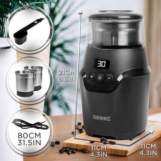 (INCLUDES 2 CUPS) Duronic CG555 Electric Coffee Grinder, 220ml Wet & Dry Cups, Black, Spice Mill & Blade Grinder, Dual/Quad-Blade Cups, Adjustable Timer, Push-Button Controls, Leak-Proof Lid, 150W