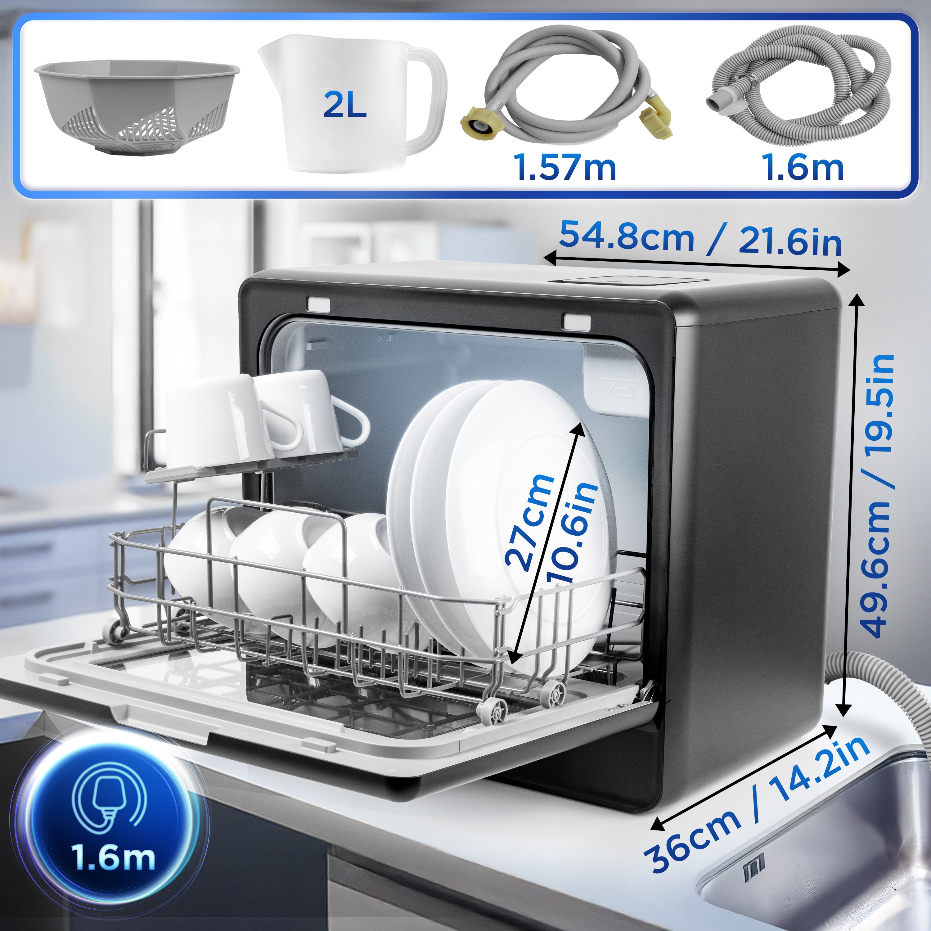 Duronic Table Top Dishwasher DW10 Portable Mini Dishwashers Compact 5L Countertop Dish Washer with 5 Wash Cycles Electric Tabletop Dishwasher Cleaner for Quick Eco Cleaning Plates Glass Cutlery Fruit