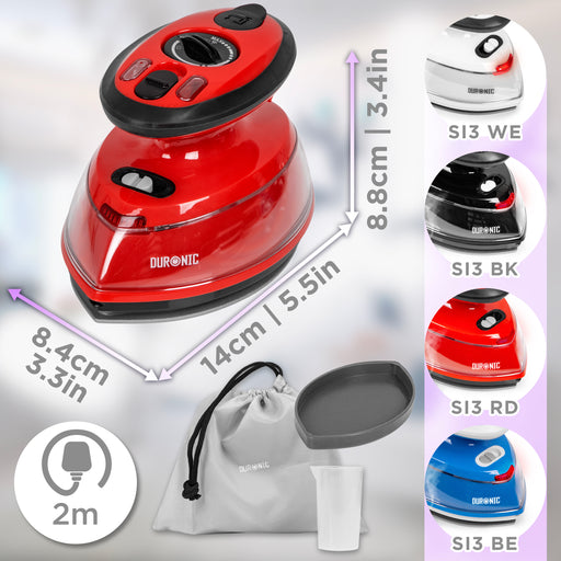 Duronic Travel Iron SI3 RD 400W Mini Irons with Dual Voltage, Variable Temperature & Auto Shut Off Portable 35ml Red Steam Iron for Holiday Quilting Crafts Compact Design for Travelling