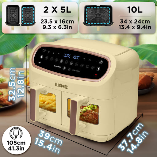 Duronic AF34 SG XXL Triple Drawer Air Fryer, 10L Digital Family Size Air Fryers 10in1 Dual Zone Extra Large Oil Free Cooker for Family Cooking with Dishwasher Safe Non-Stick Baskets