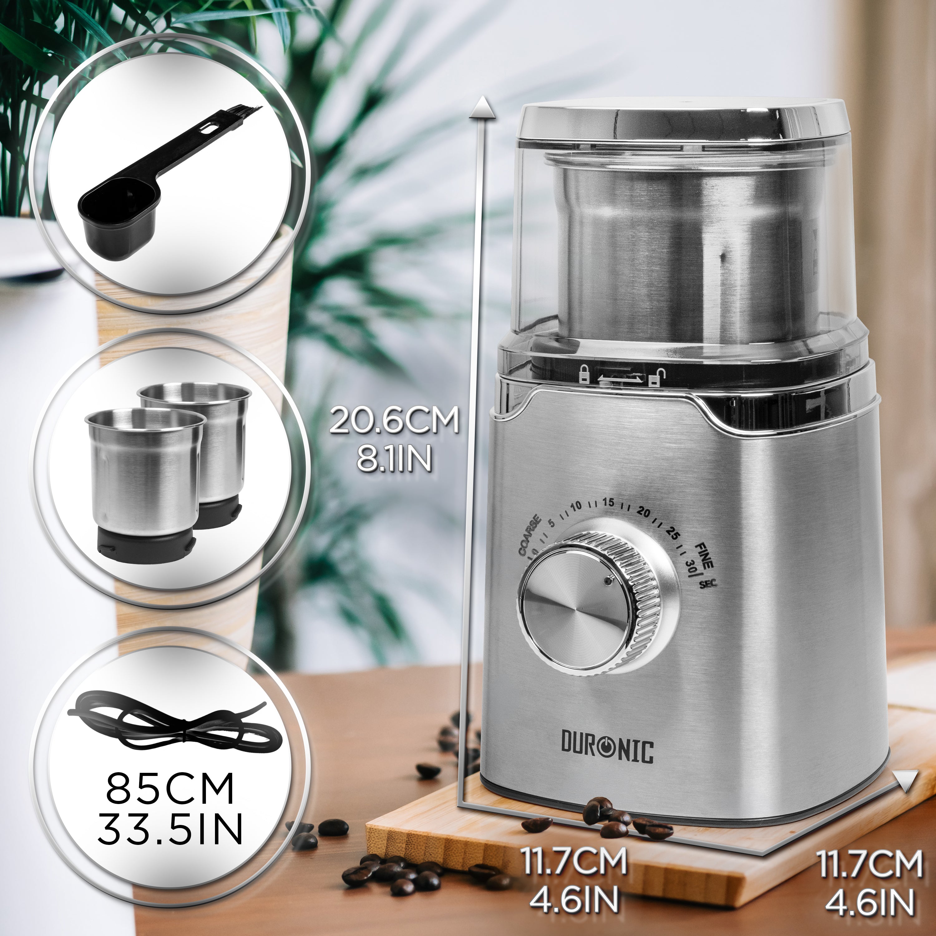 (INCLUDES 2 CUPS) Duronic CG655 Electric Coffee Grinder with Wet & Dry Cups, 220ml, Silver, Metal Spice Mill, Adjustable Coarseness, Push Pulse, Silicone Seal, for Coffee Beans, Spices, Nuts, flaxseeds, 150W