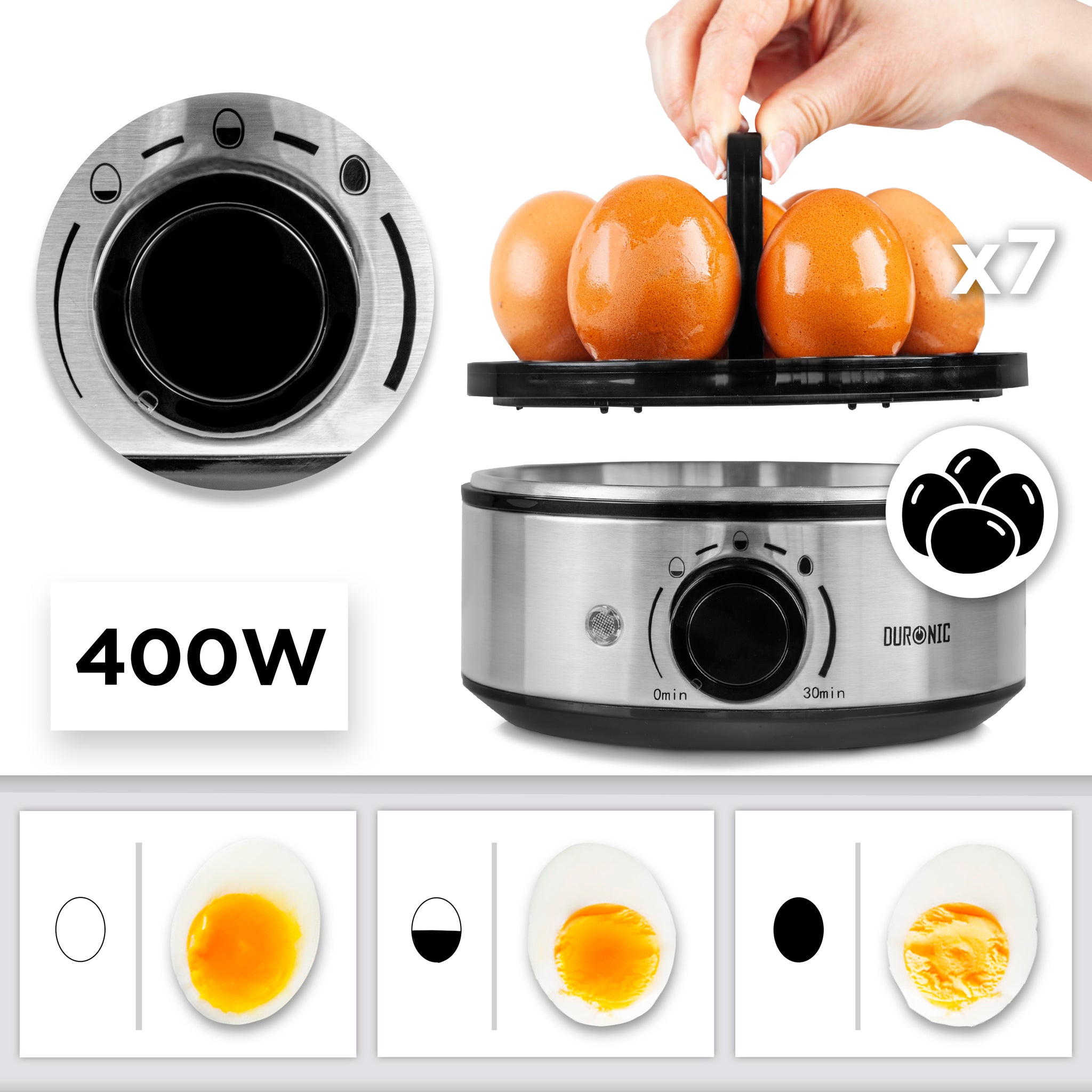 Duronic Electric Egg Boiler EB50 400W Egg Cooker Poacher for 7 Eggs with Omelette Tray Auto Shut Off & 3 Cooking Modes Soft Medium Hard Boiled Egg Steamer for Breakfast Meals - Dishwasher Safe Parts