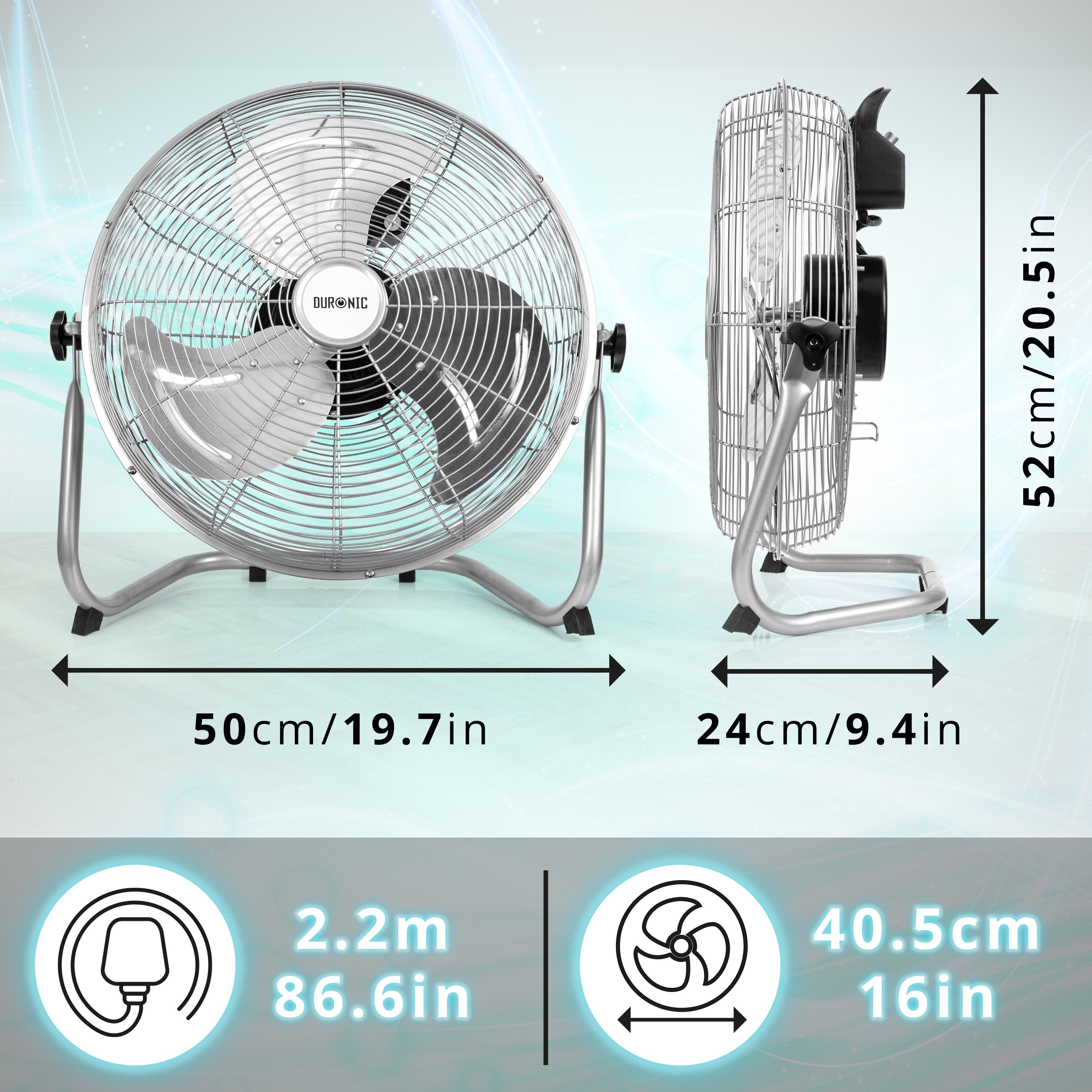 Duronic Floor Fan FN16, Electric Cooling Fan, Portable Pedestal Stand, Lightweight Adjustable Tilt, 3 Chrome Blades, 4 Speeds, High Velocity Industrial Floor Standing Fan for Home Bedroom Office Gym