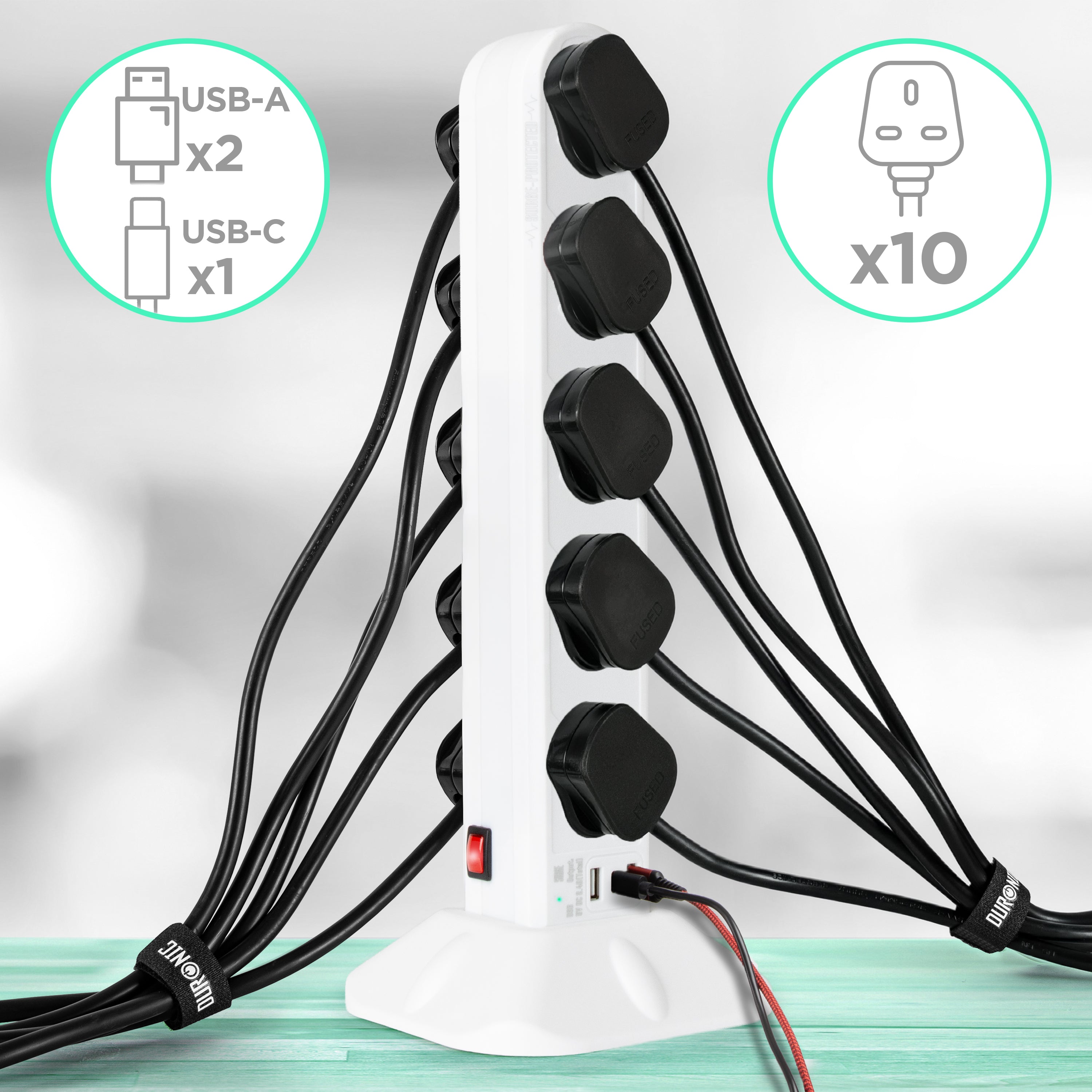 Duronic Tower Extension Lead ST10W 10 Gang Surge Protected Extension leads with USB & USB-C Slot White 10 Way Electric Power Strip with Spike Protection Multi UK Plug Outlet Socket with 2m Cable