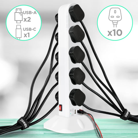Duronic Tower Extension Lead ST10W 10 Gang Surge Protected Extension leads with USB & USB-C Slot White 10 Way Electric Power Strip with Spike Protection Multi UK Plug Outlet Socket with 2m Cable