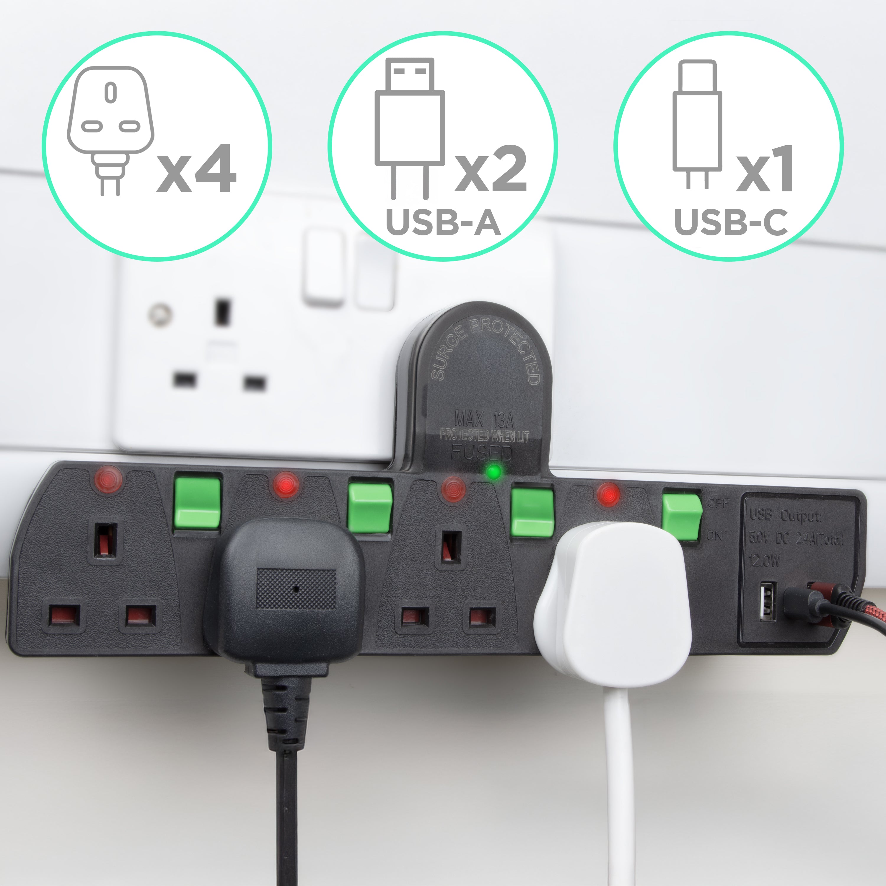 Duronic Plug Adapter with USB S125B 4 Way Multi Plug Adapter for UK Plugs Surge Protected 3kW Power Extension Adapter with 2.4A USB Ports & 1 USB-c Port Black Multi Socket with Switches