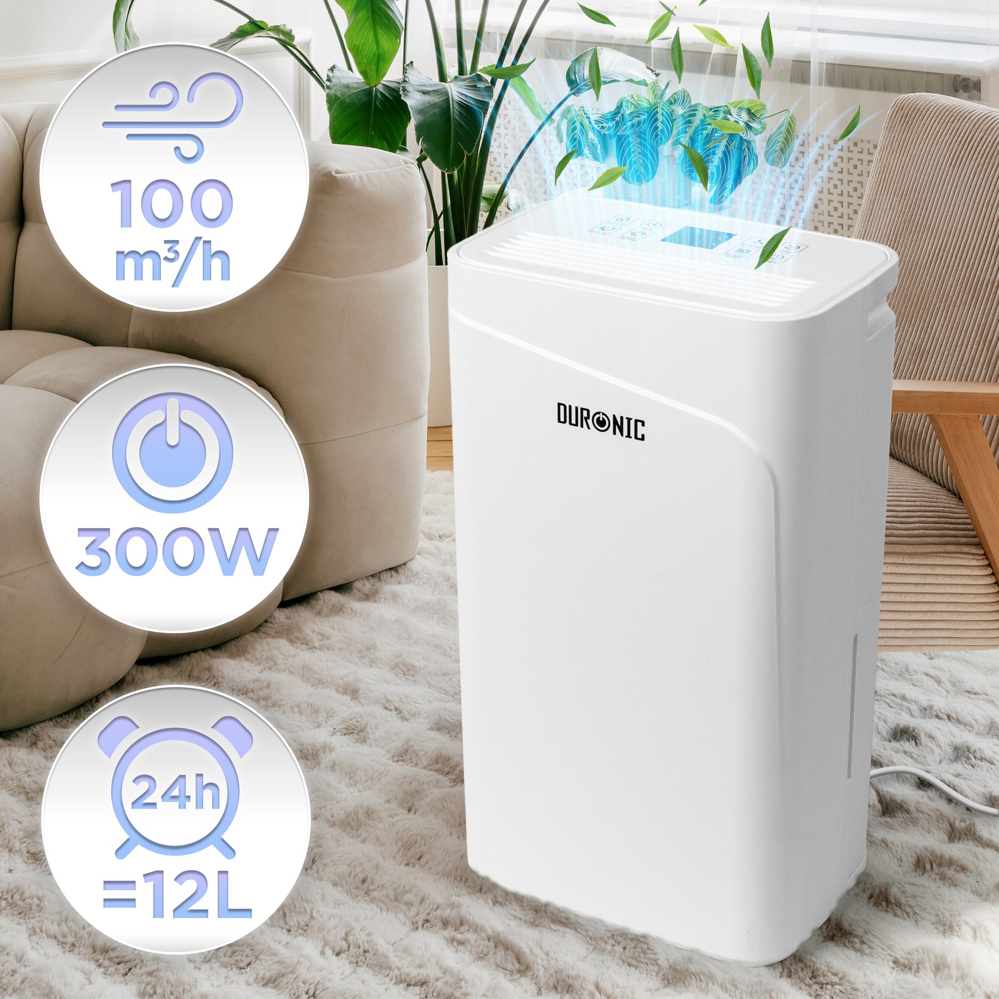 Duronic DH121 Dehumidifier 12L Air Dehumidifier for Dust Allergies Asthma & Damp Mould 300W Quiet Home Dehumidifiers with 2.1L Tank, Child Lock, Timer & Clothes Drying for Utility Bedrooms & Offices