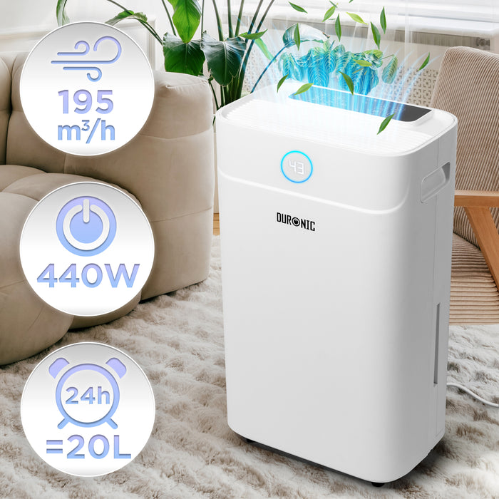 Duronic DH201 Dehumidifier 20L Air Dehumidifier for Dust Allergies Asthma & Damp Mould 440W Quiet Home Dehumidifiers with 5.1L Tank, Child Lock, Timer & Clothes Drying for Utility Bedrooms & Offices