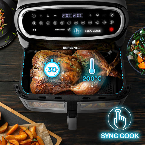 (LARGE SINGLE DRAWER MODEL) Duronic XXL Digital Air Fryer AF14 BK 10L Family Size Air Fryers 10in1 Dual Zone Extra Large AirFryer with window for Family Cooking with Dishwasher Safe Non-Stick Basket Black