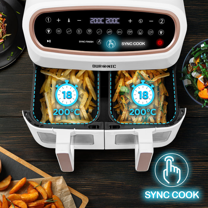 Duronic Twin Air Fryer AF24 WG Dual Zone Cooker 10L Dual Drawers 10-in-1 Double Basket AirFryer for Family, Uses No Oil, Air Fry, Roast, Bake, Dishwasher Safe Non-Stick Baskets, White Gold